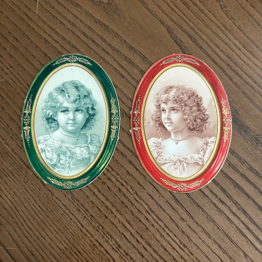 2 Antique Victorian Girl Portraits Paper Ephemera Die Cuts Candy Box Label